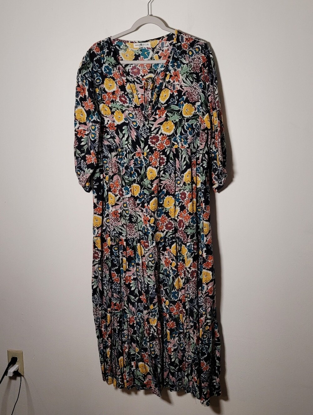 NATURAL LIFE Floral Tiered Maxi Dress L/XL Rayon Cottagecore Boho 3/4 Sleeve